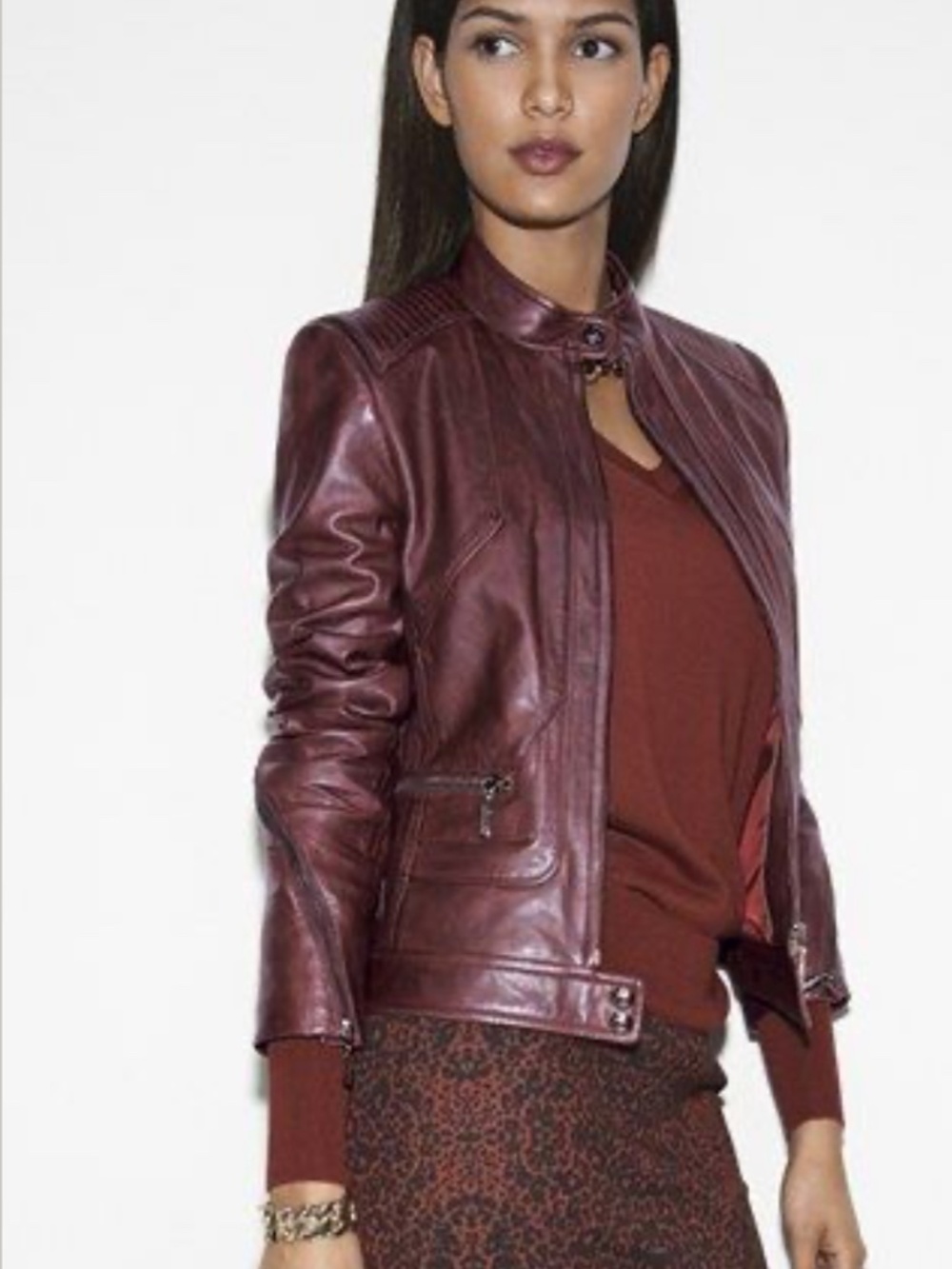 Bernardo Oxblood Leather Moto Scuba Jacket Quilted Shoulder Size S